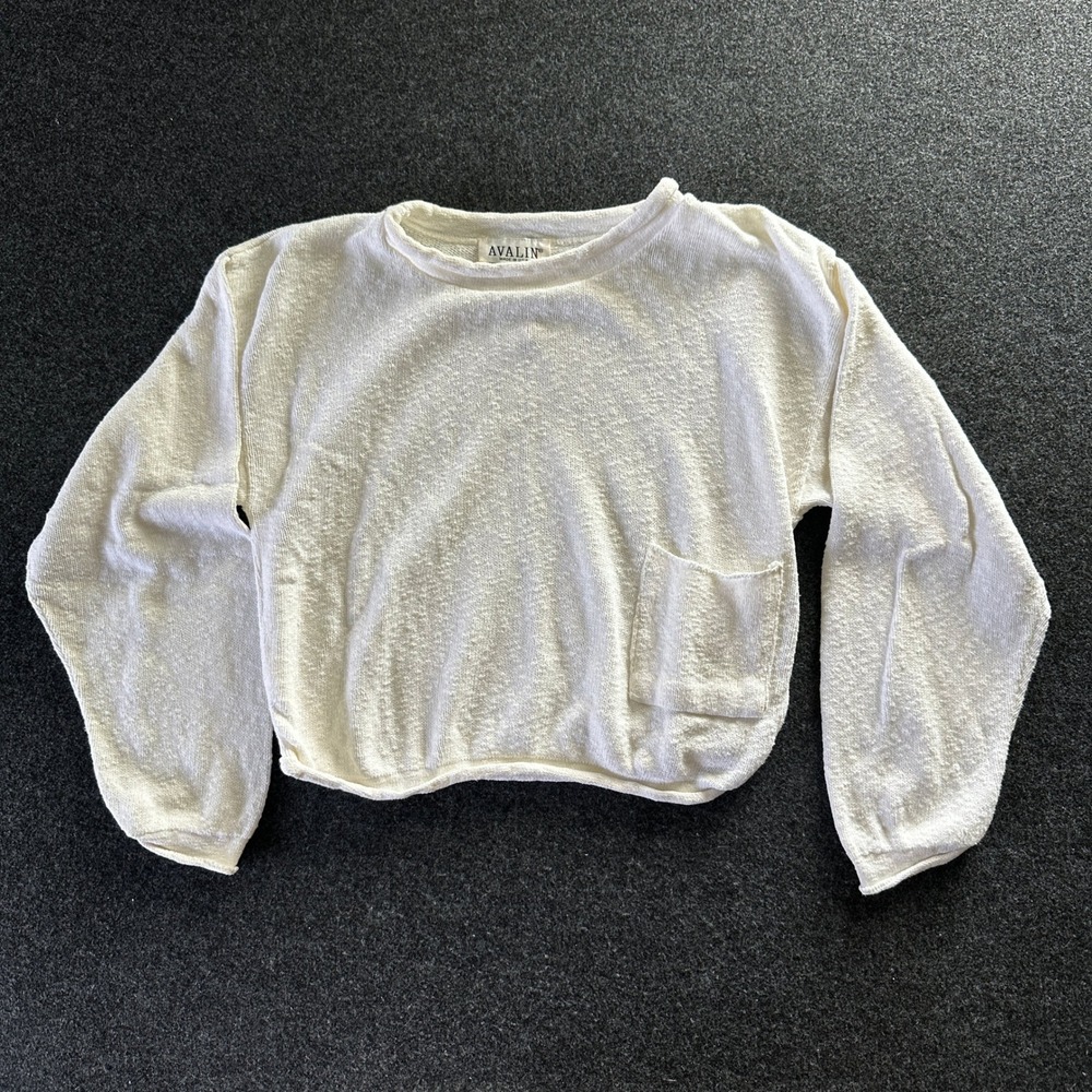 Avalin Cotton Knit Sweater Womens O/S White Pocket Pullover Roll Neck Made in US